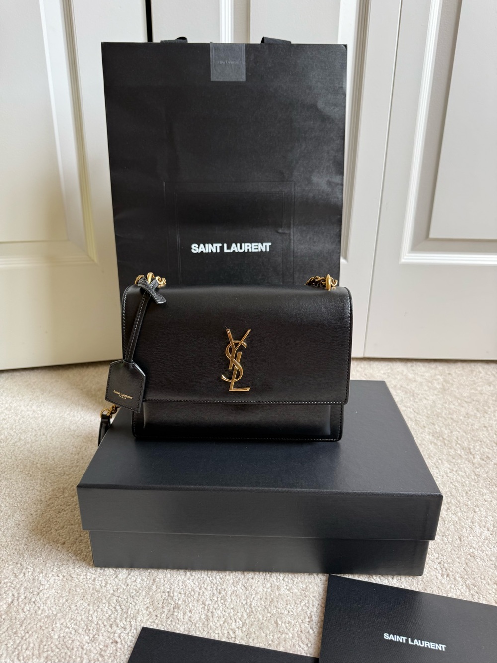 Saint Laurent Black Leather Shoulder Bag with Gold YSL Emblem - Picture 2 of 9